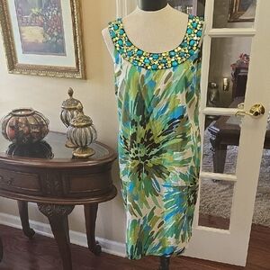 Rabbit Rabbit Rabbit Floral BeadedMidi Dress Sage Aqua Brown White Cotton 16 EUC